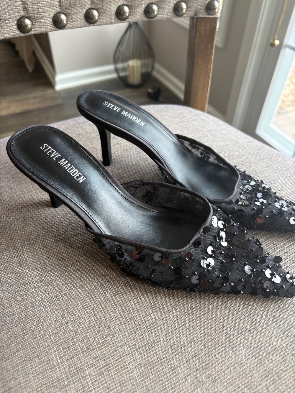 Steve Madden Black Sequin Pointed-Toe Mule Heels